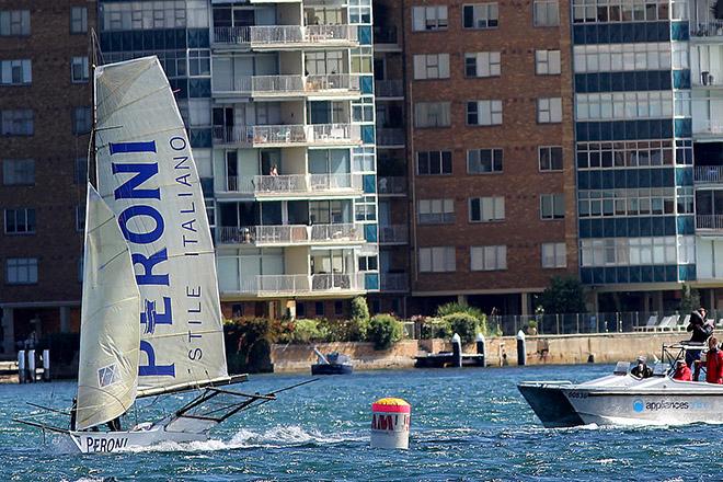 The League's video TV team watch as Peroni's crew prepare to bear away at the windward mark © Frank Quealey /Australian 18 Footers League http://www.18footers.com.au